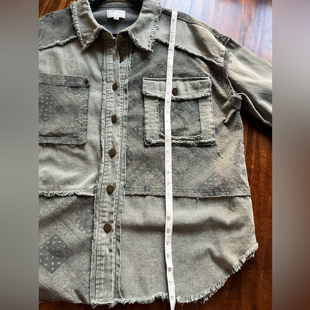 Oli & Hali Peace Out Soft Oversized Denim Patchwork Shirt Jacket. Olive - Green - Picture 10 of 16